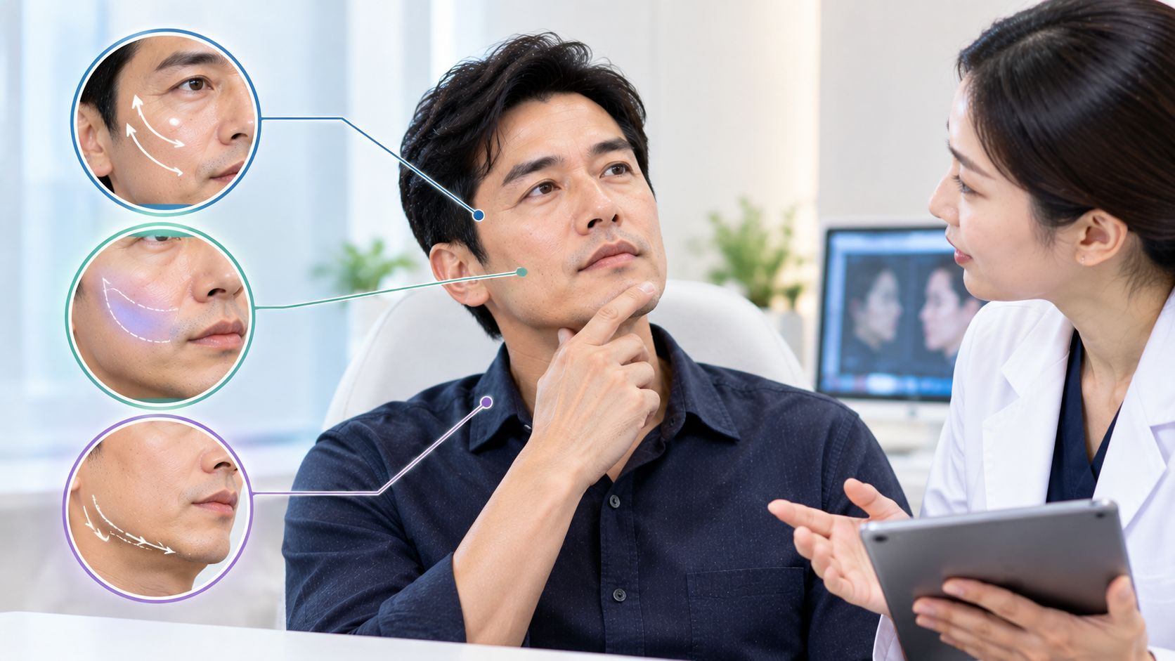 Man discussing facial tightening, volume restoration and fat reduction options