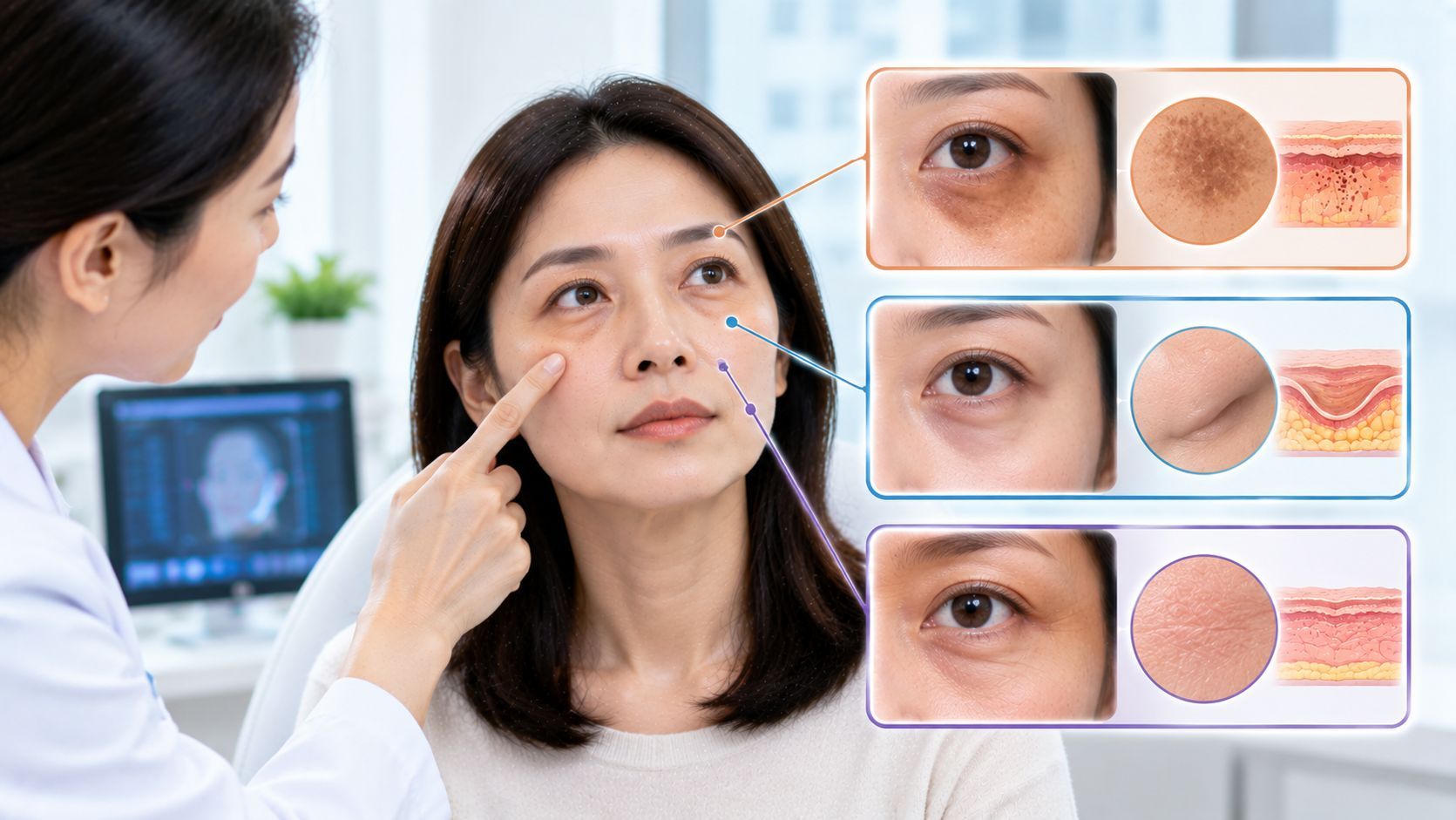 Woman discussing double chin fat reduction and skin tightening with a dermatologist