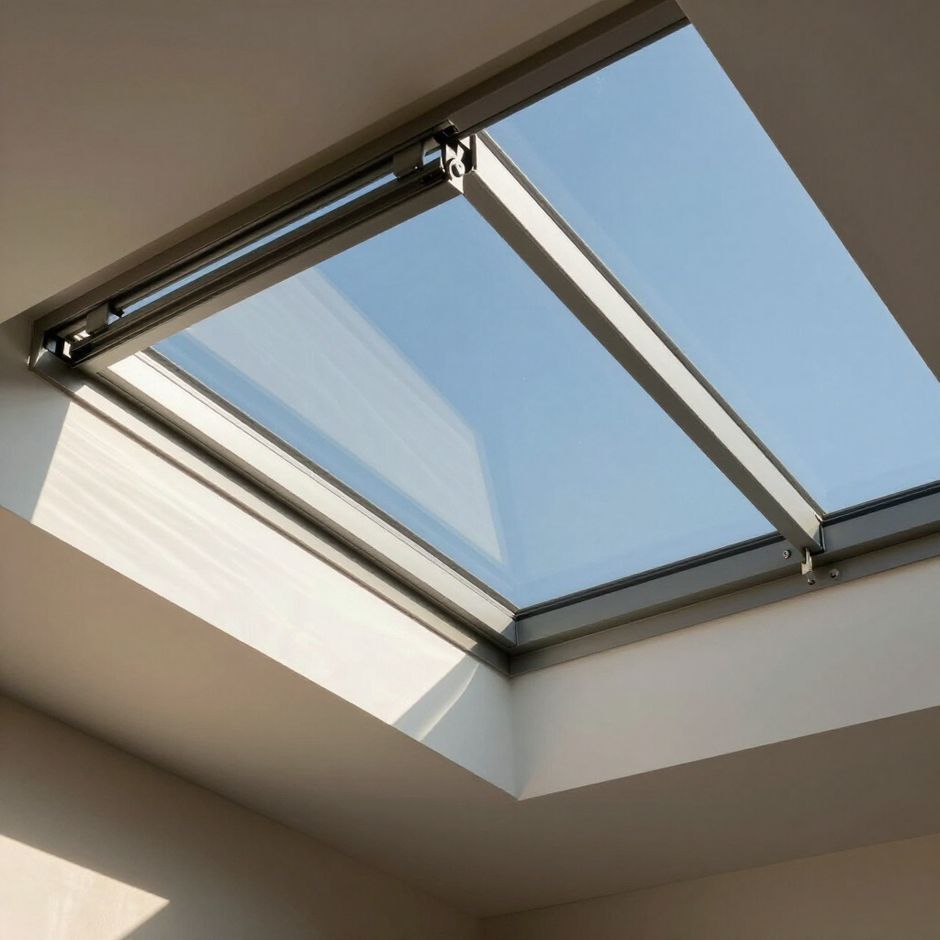 Skylight in a ceiling, showing a blue sky through the glass. The frame is silver.