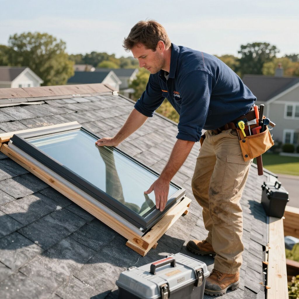 Roofer installing a skylight on a residential roof, outdoor setting.