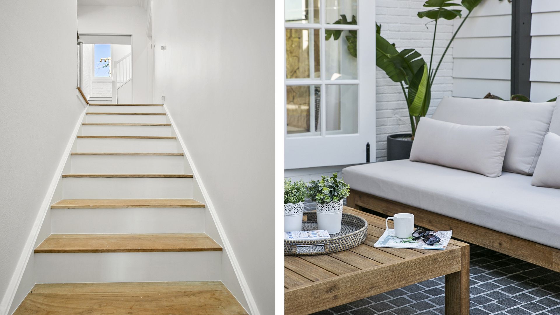 Two images: a staircase ascending and an outdoor seating area with a sofa, coffee table, and greenery.