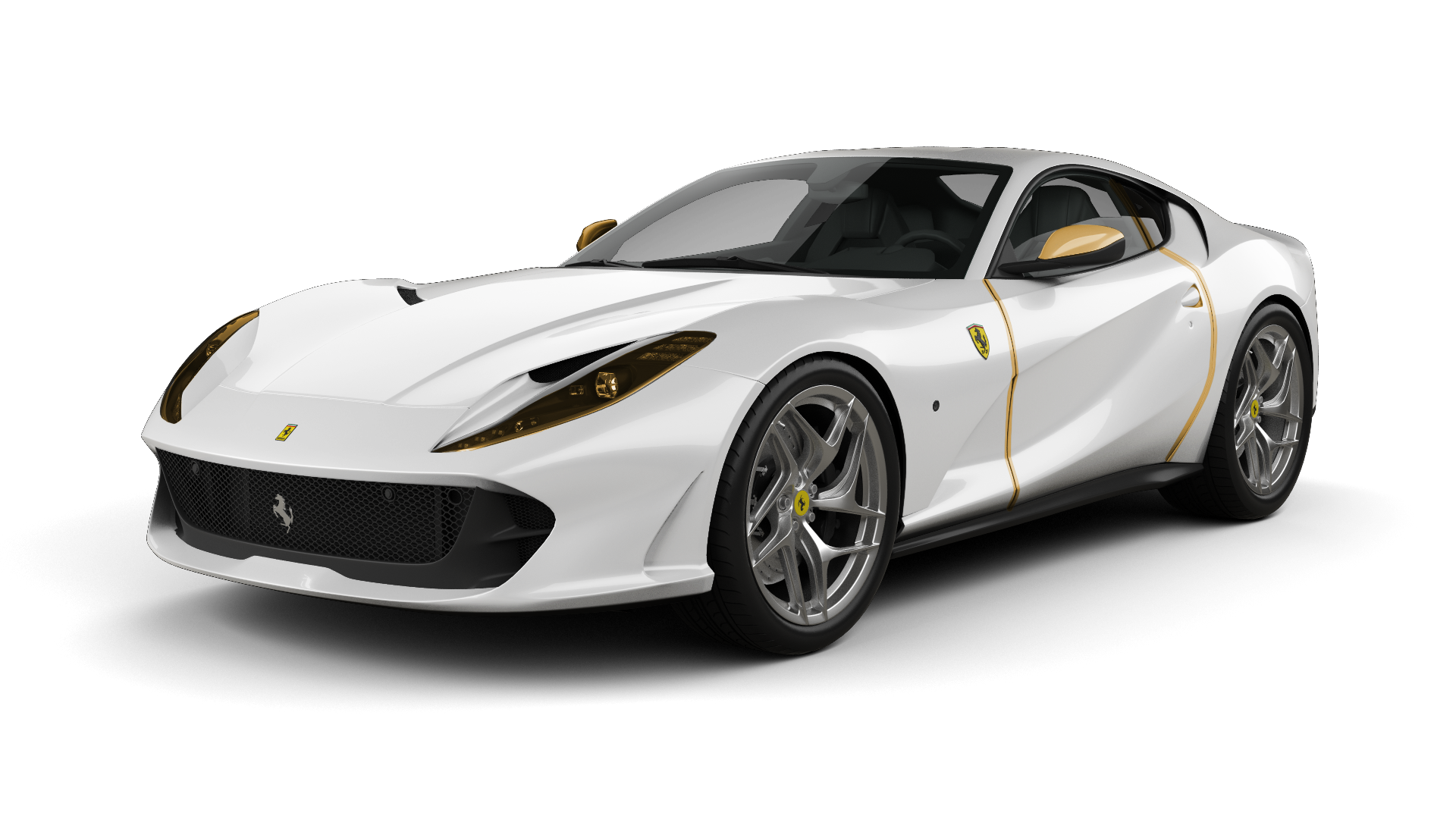 A white and gold ferrari on a white background.