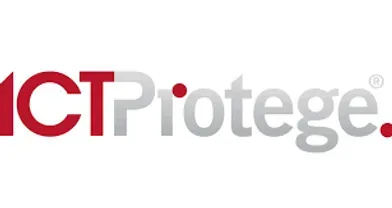 A red and white logo for ictprotege on a white background.