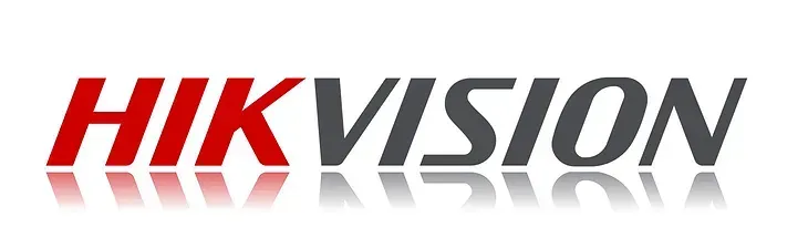 Hikvision logo in red and black with a mirrored reflection
