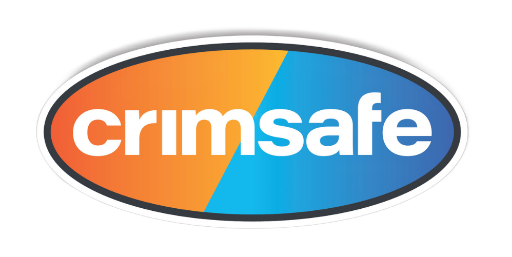 Crimsafe logo in an oval badge, orange and blue with white text