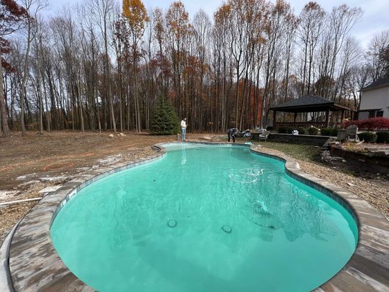 Backyard swimming pool with turquoise water, stone edging, and leafless trees in the background