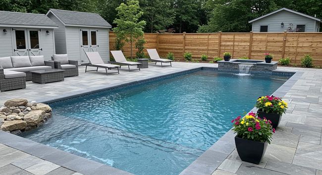 Backyard pool with blue water, stone patio, lounge chairs, and potted flowers beside a house