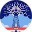 Blue circular logo with a radio tower, red-and-white broadcast waves, and a banner at the bottom.