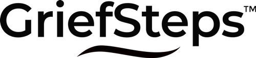 The griefsteps logo is black and white with a swirl.