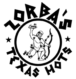 Zorba's Texas Hots logo: Archer constellation figure holding a hot dog. Text circles the figure.