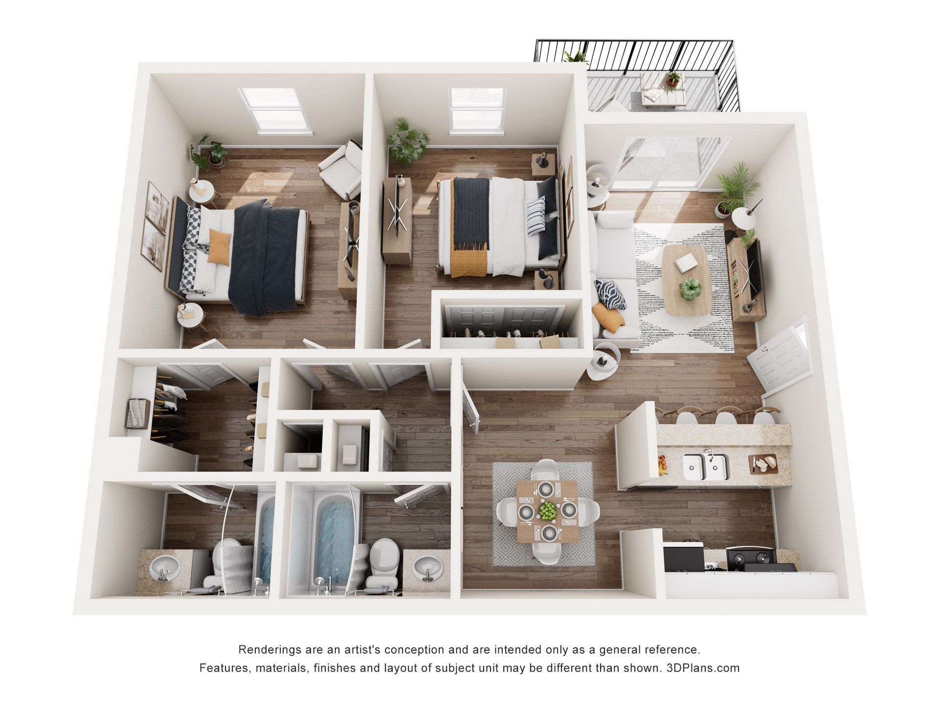 3D floor plan of a modern three-bedroom apartment with living room, kitchen, and two bathrooms