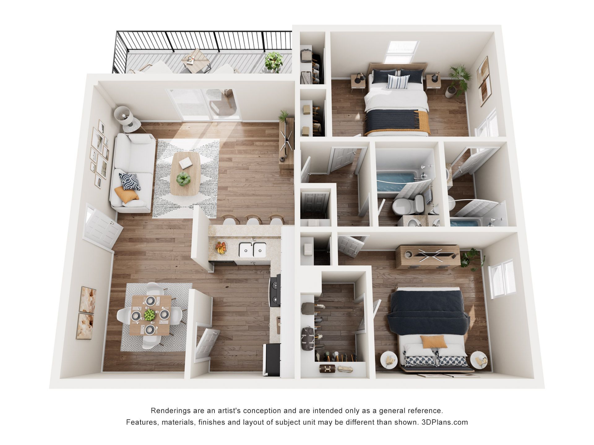 3D floor plan of a small apartment with kitchen, living area, bathroom, and two bedrooms