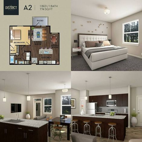 Collage of Bedroom photo and Floor Plan — Parkcenter Apartments