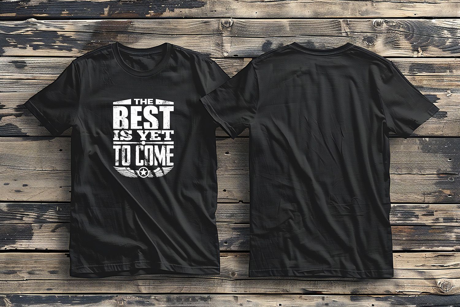 Two black t-shirts displayed on a weathered wooden background. The left shirt features the text 