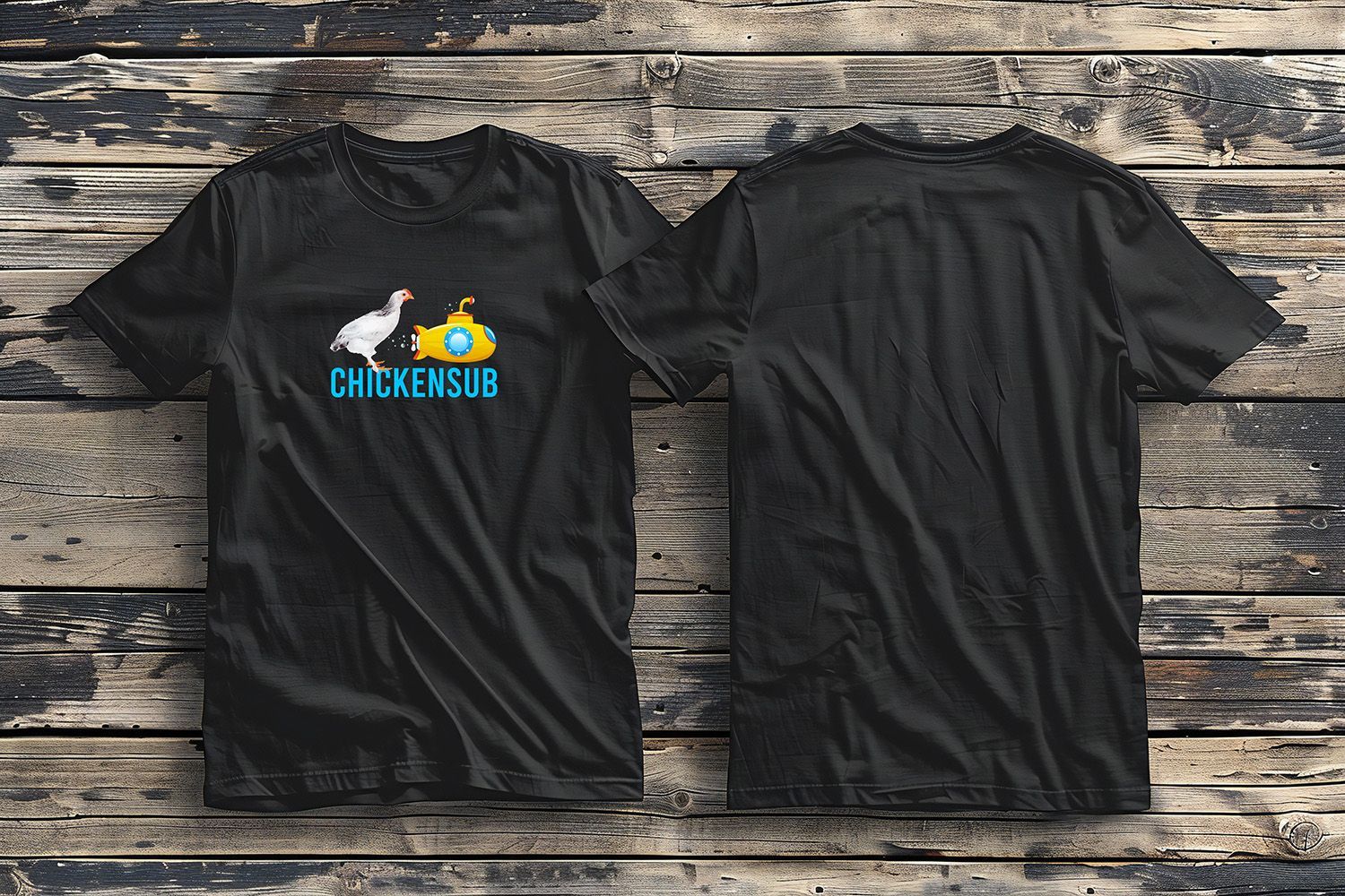 Two black t-shirts displayed on a weathered wood background. The left shirt features a colorful chicken and a submarine indicating 