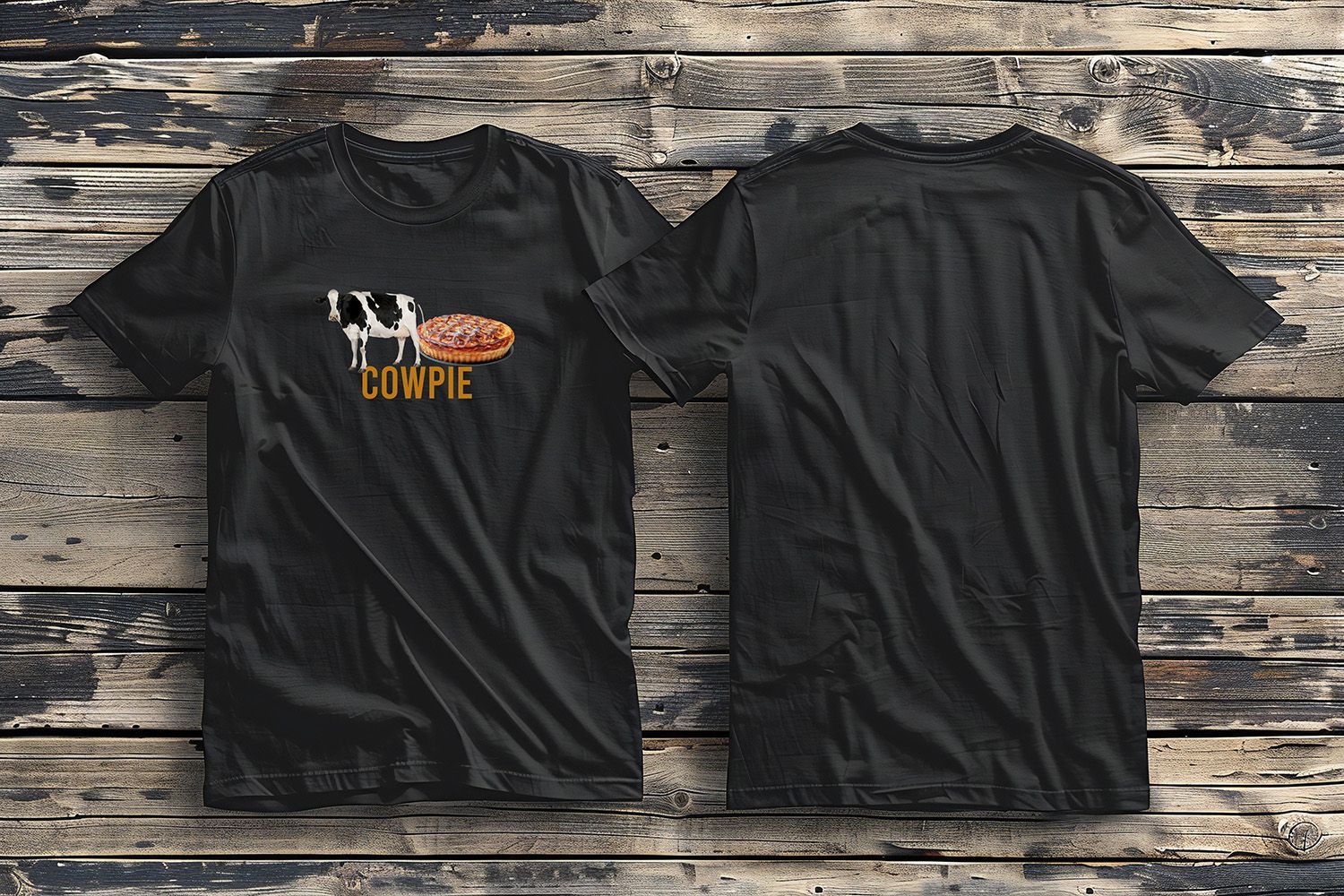 Two black t-shirts, front and back, displayed on a rustic wooden background. The front features a cow and a cow pie.