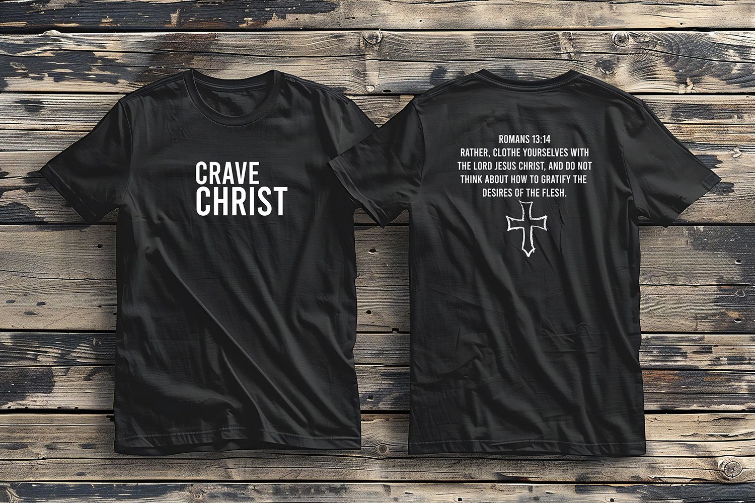 Two black t-shirts displayed front and back on a rustic wooden background. Both feature white text: 