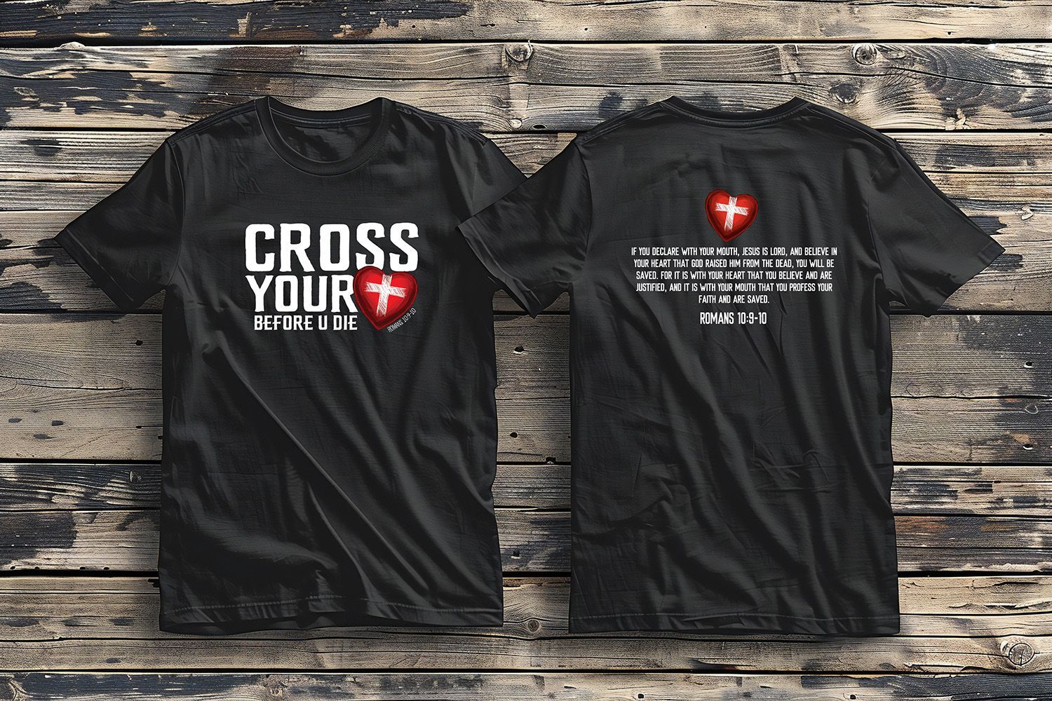 Front and back view of a black t-shirt featuring a shield with 