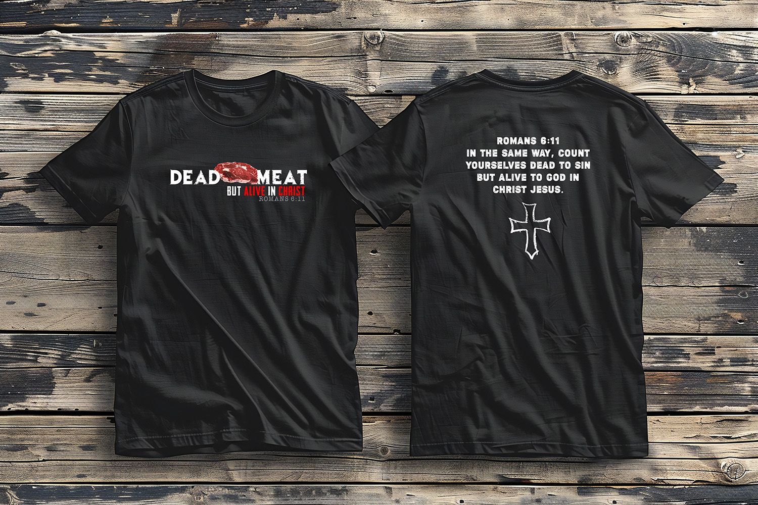 Two black t-shirts displayed against wood: the front features 
