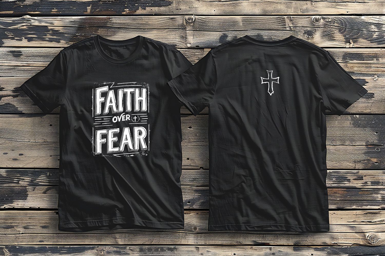 Two black t-shirts displayed on wood: one with 