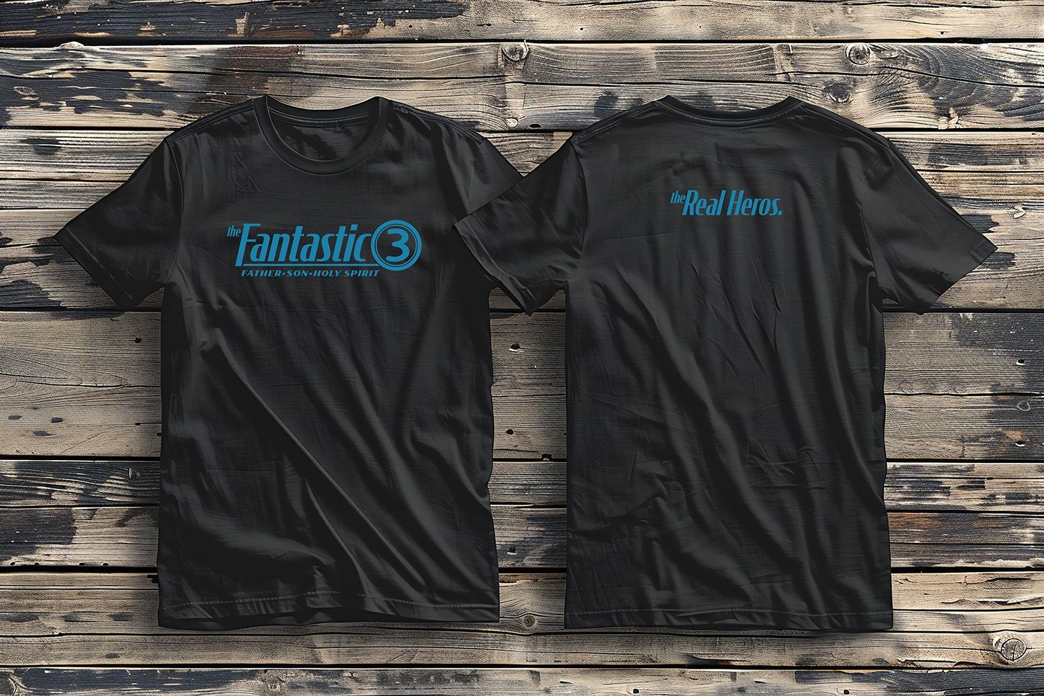 Two black t-shirts displayed against a rustic wood background, featuring 