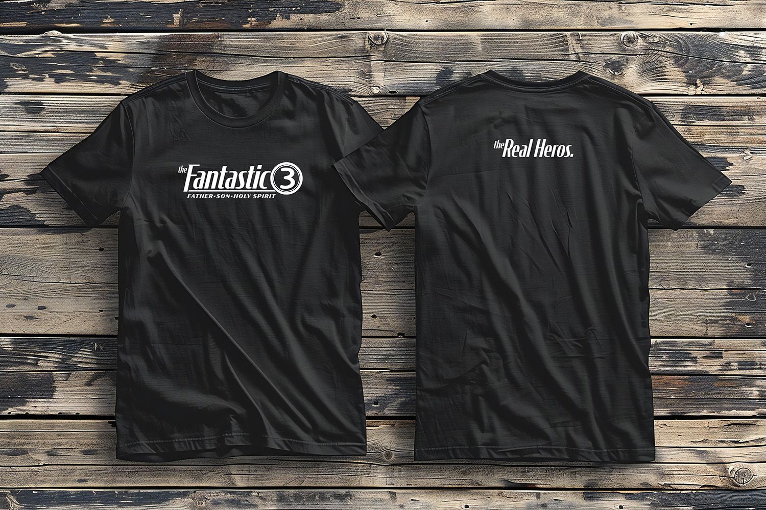 A front and back view of a black t-shirt featuring the white text 