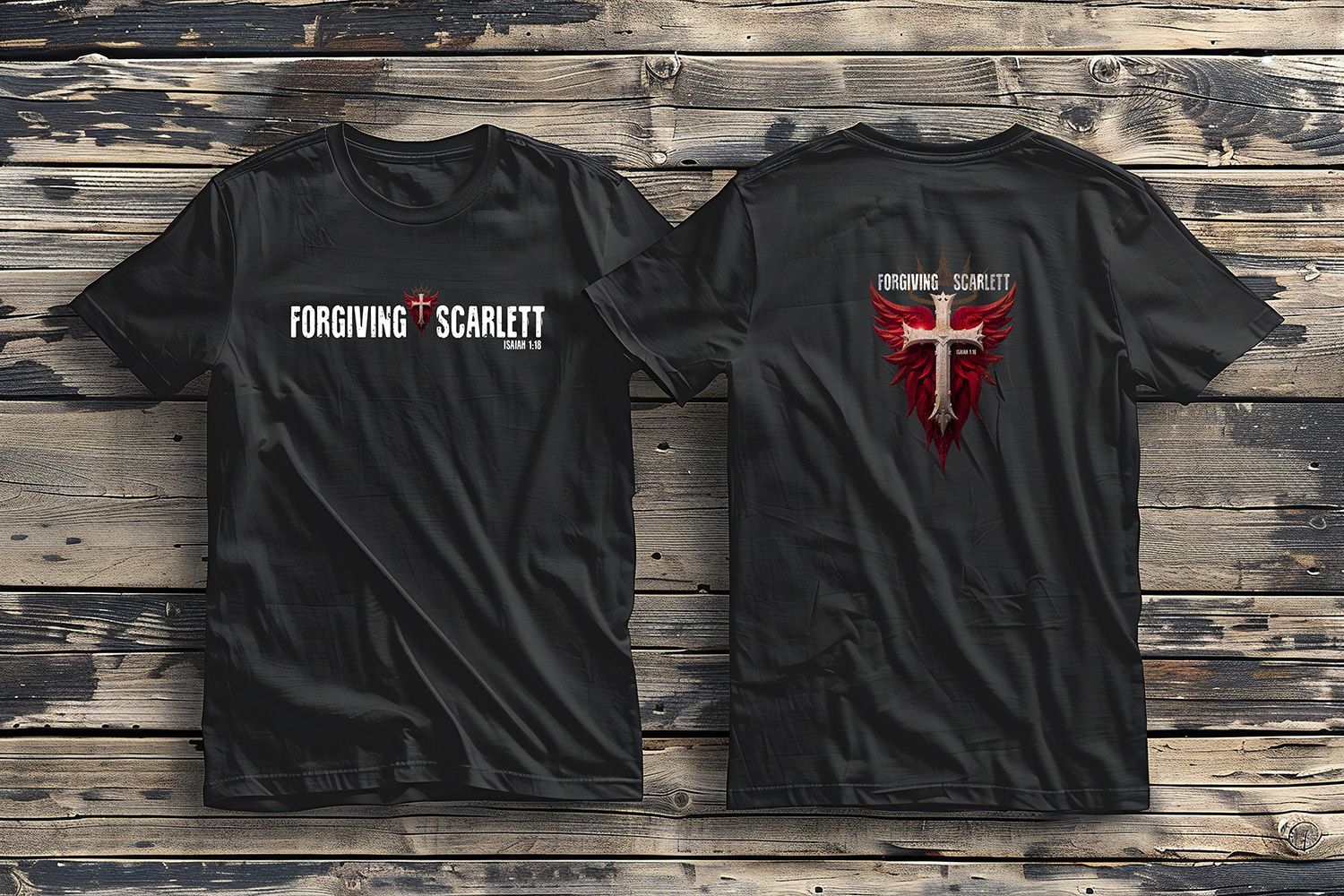 Two black t-shirts displayed front and back, featuring white 