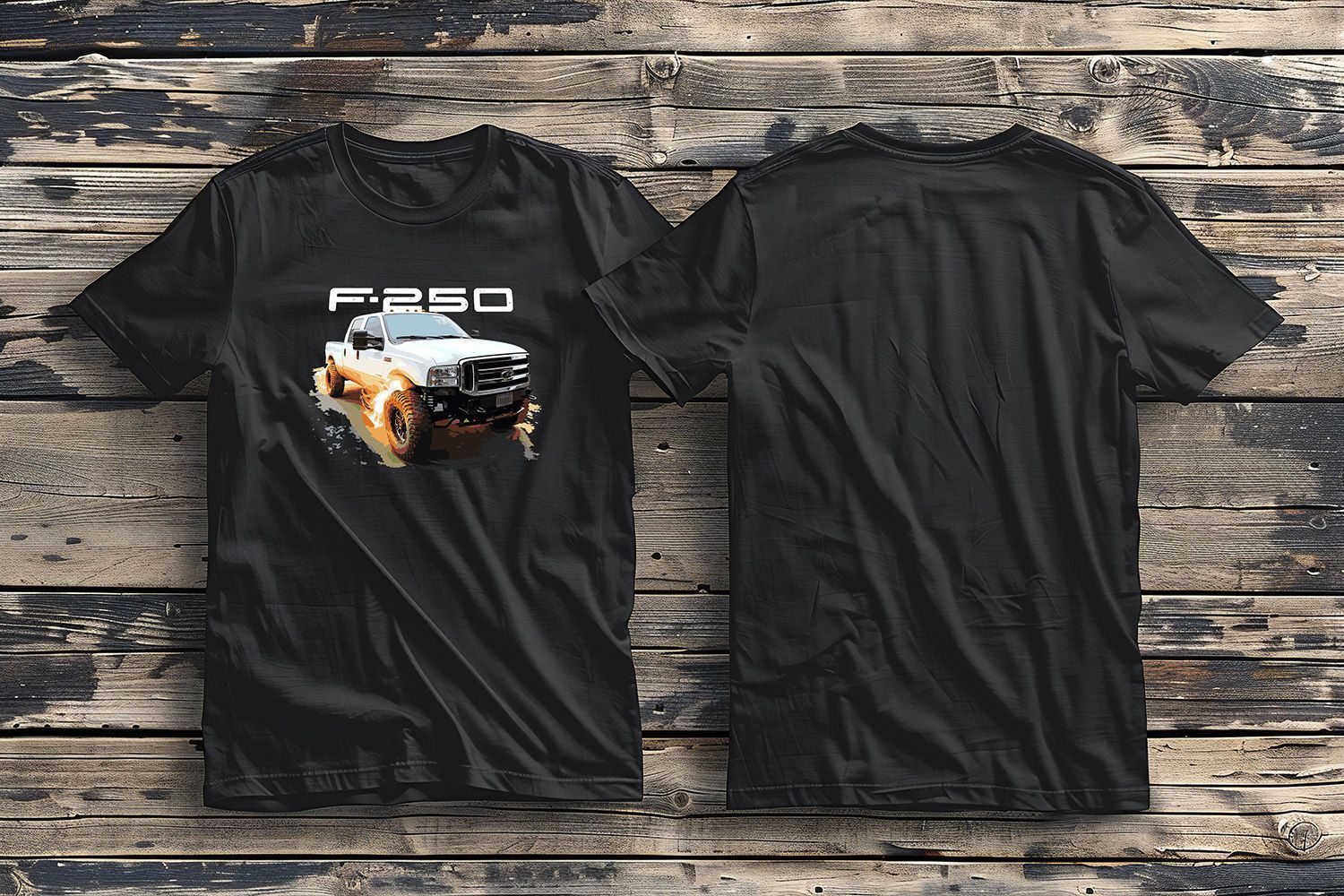 Two black t-shirts displayed on a weathered wooden background. The left shirt features an Ford F-250 truck graphic.