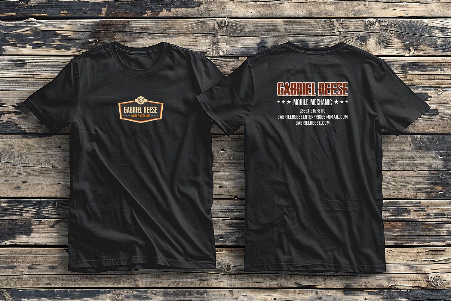 Front and back view of a black t-shirt with gold graphic text, displayed on a rustic dark wooden surface.