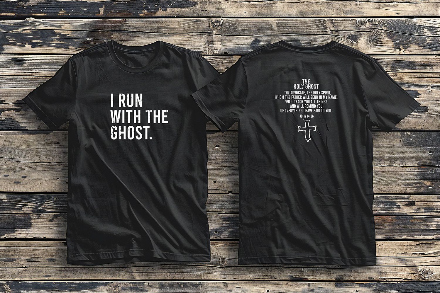 Two black t-shirts displayed on a wood background; the front says 