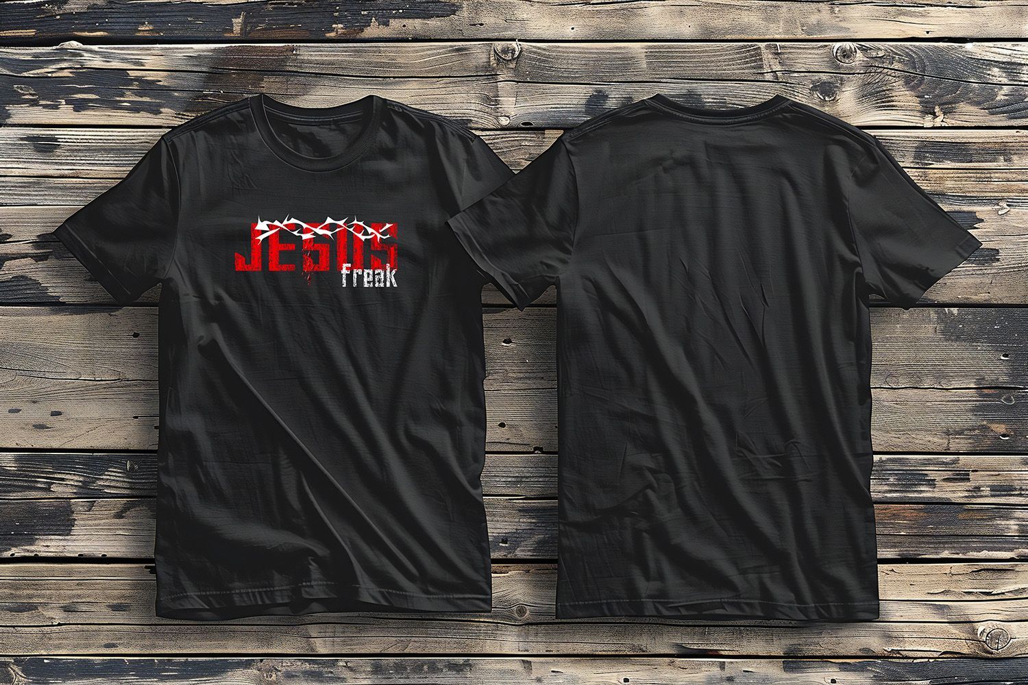 A black t-shirt shown from front and back on a rustic wooden background. The front features red 