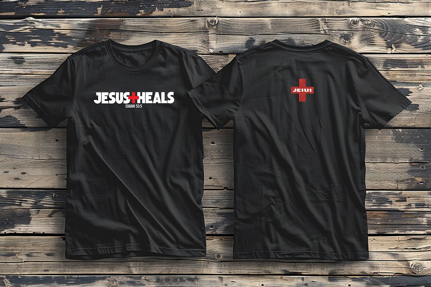 A front and back view of a black t-shirt featuring the white text 