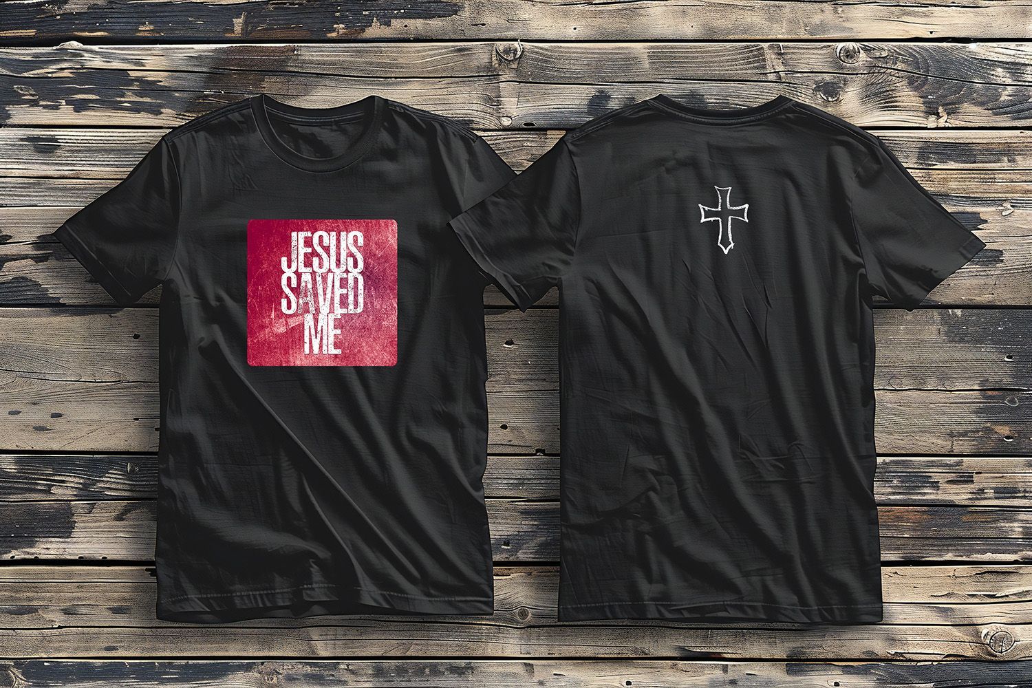 A black t-shirt shown from front and back on a wooden surface. The front has a red graphic saying 