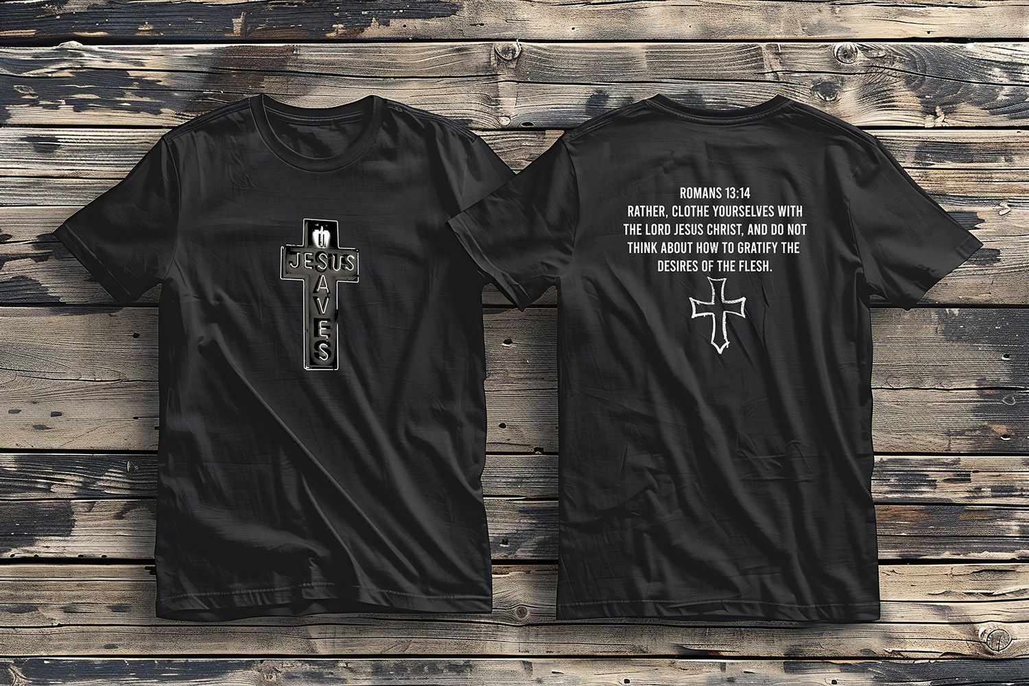 Two black t-shirts displayed front and back on a rustic wooden background. Both feature a white cross design with text.