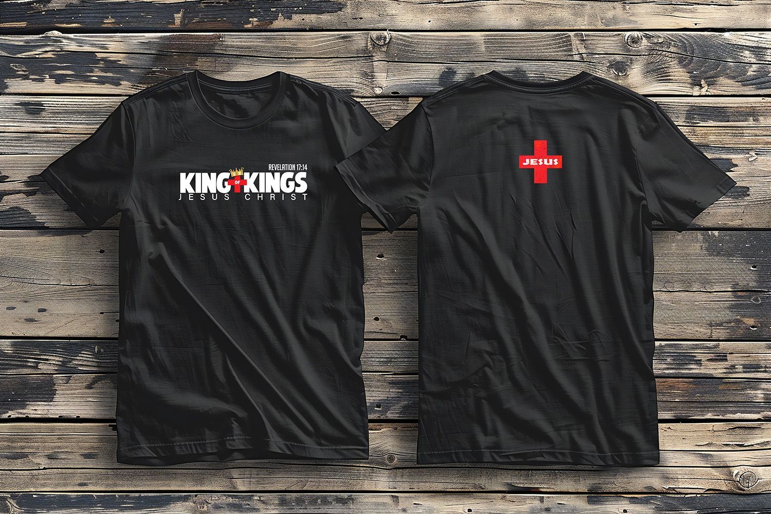 A front and back view of a black t-shirt featuring a 
