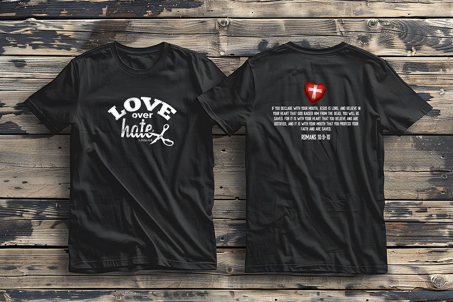 A black t-shirt shown from front and back on a rustic wooden background. Front says 