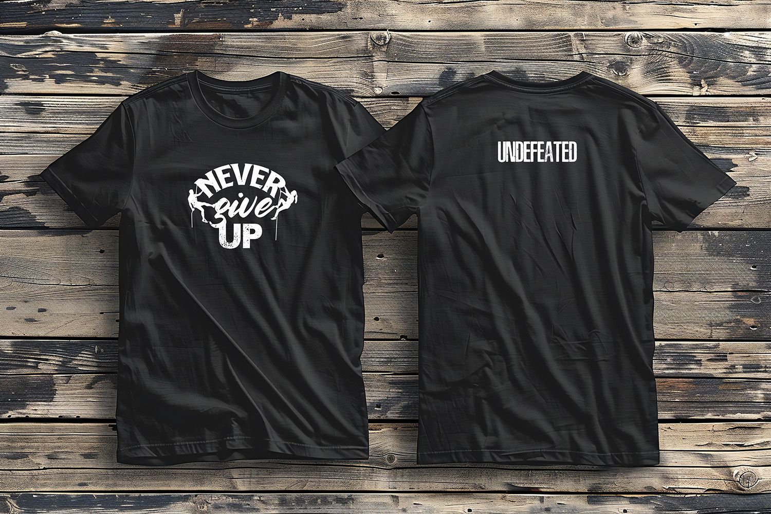 A black t-shirt shown from front and back, featuring white 