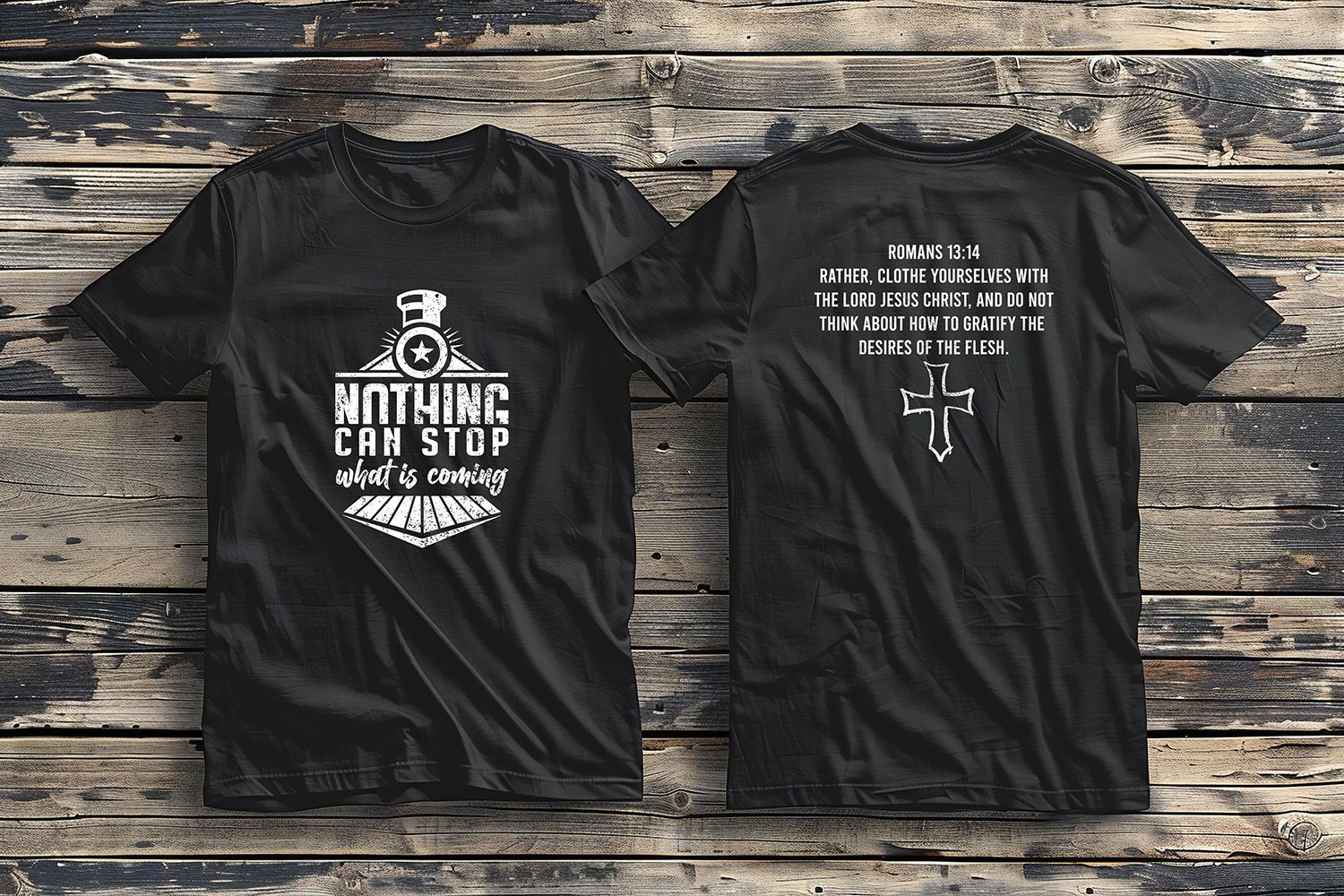 Front and back view of a black t-shirt displaying white graphic text and a cross symbol on a rustic wood background.