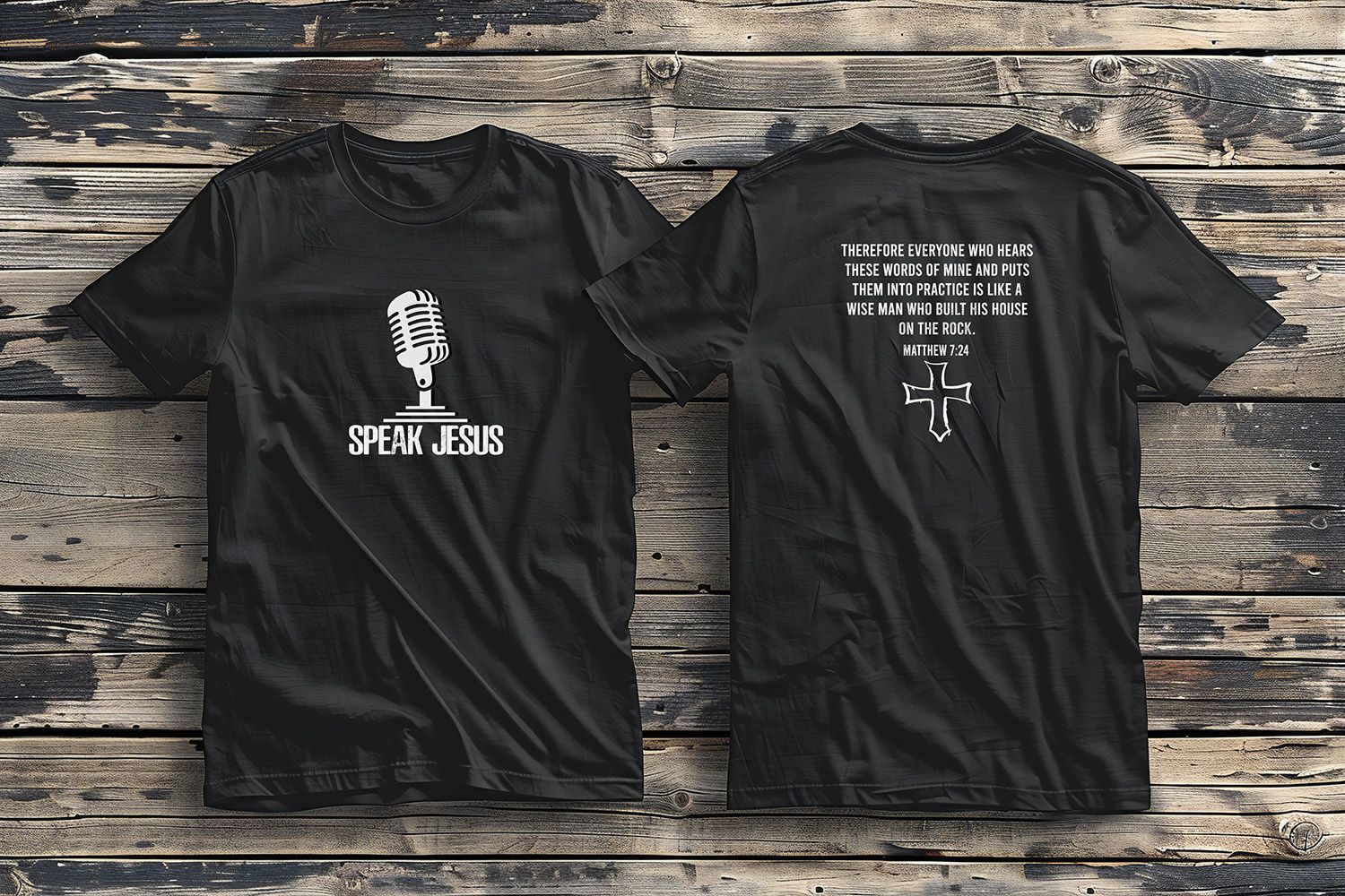 Two black t-shirts displayed on a rustic wood background, featuring a microphone icon and the phrase 