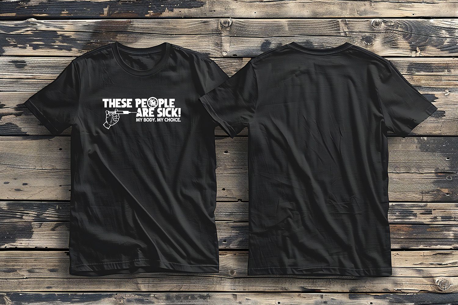 Two black t-shirts displayed front and back against a rustic wooden background, featuring the text 