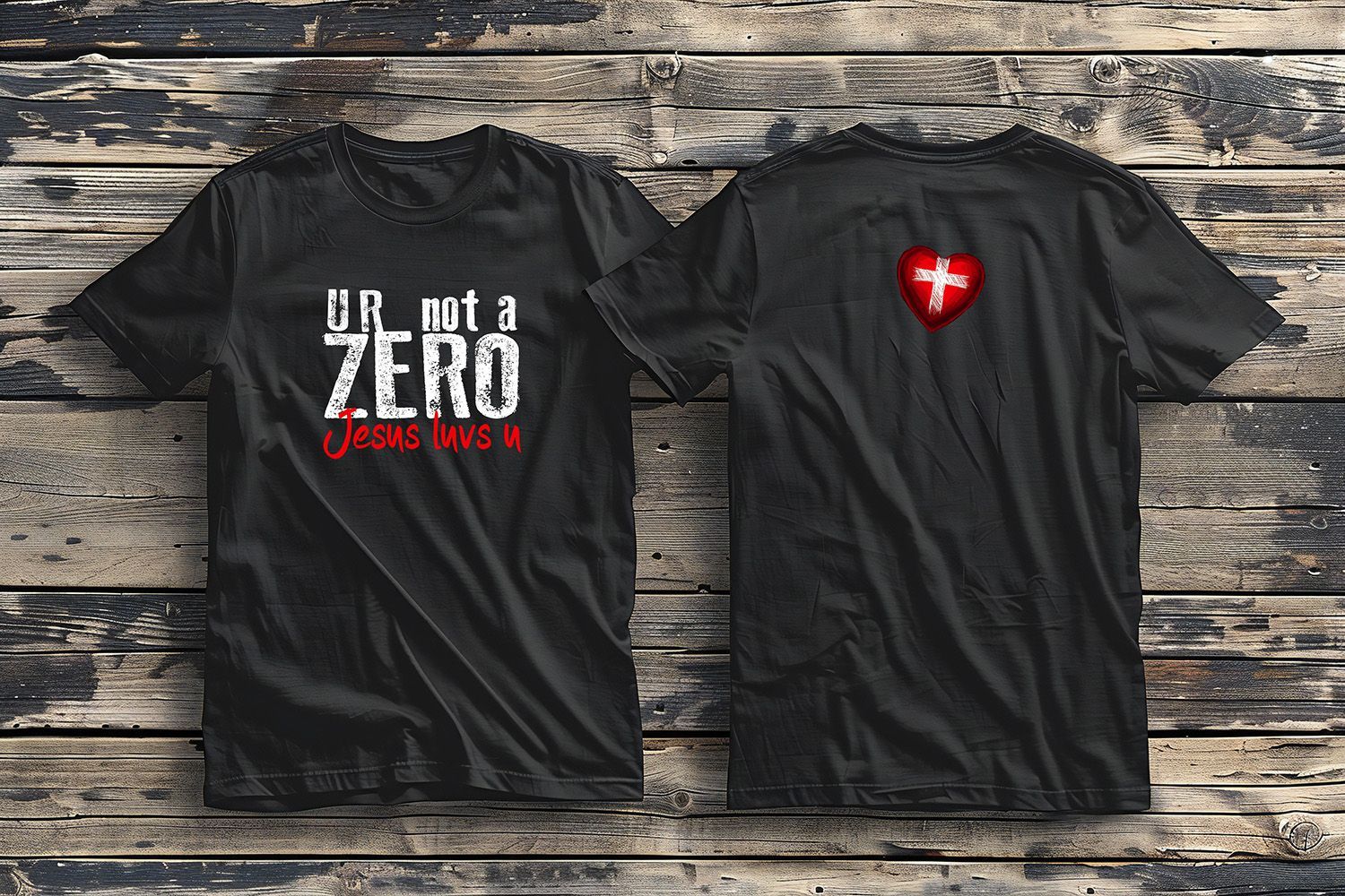 Two black t-shirts on a wooden background: one with 