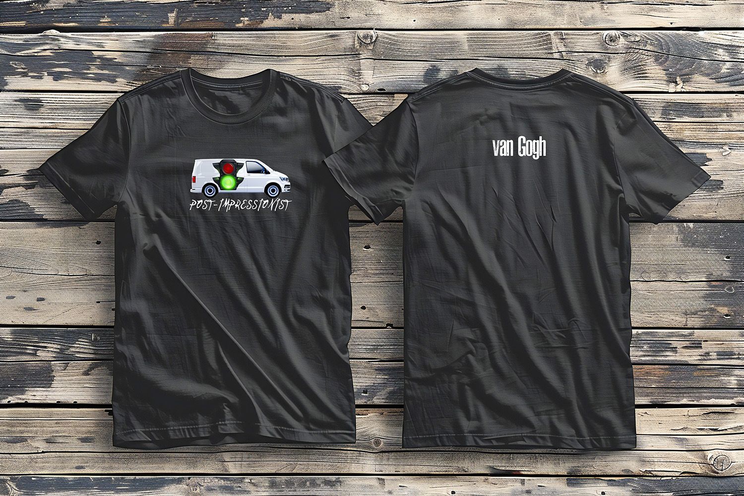 Two black t-shirts displayed on a rustic wood background; one shows a white van with text, the other says 
