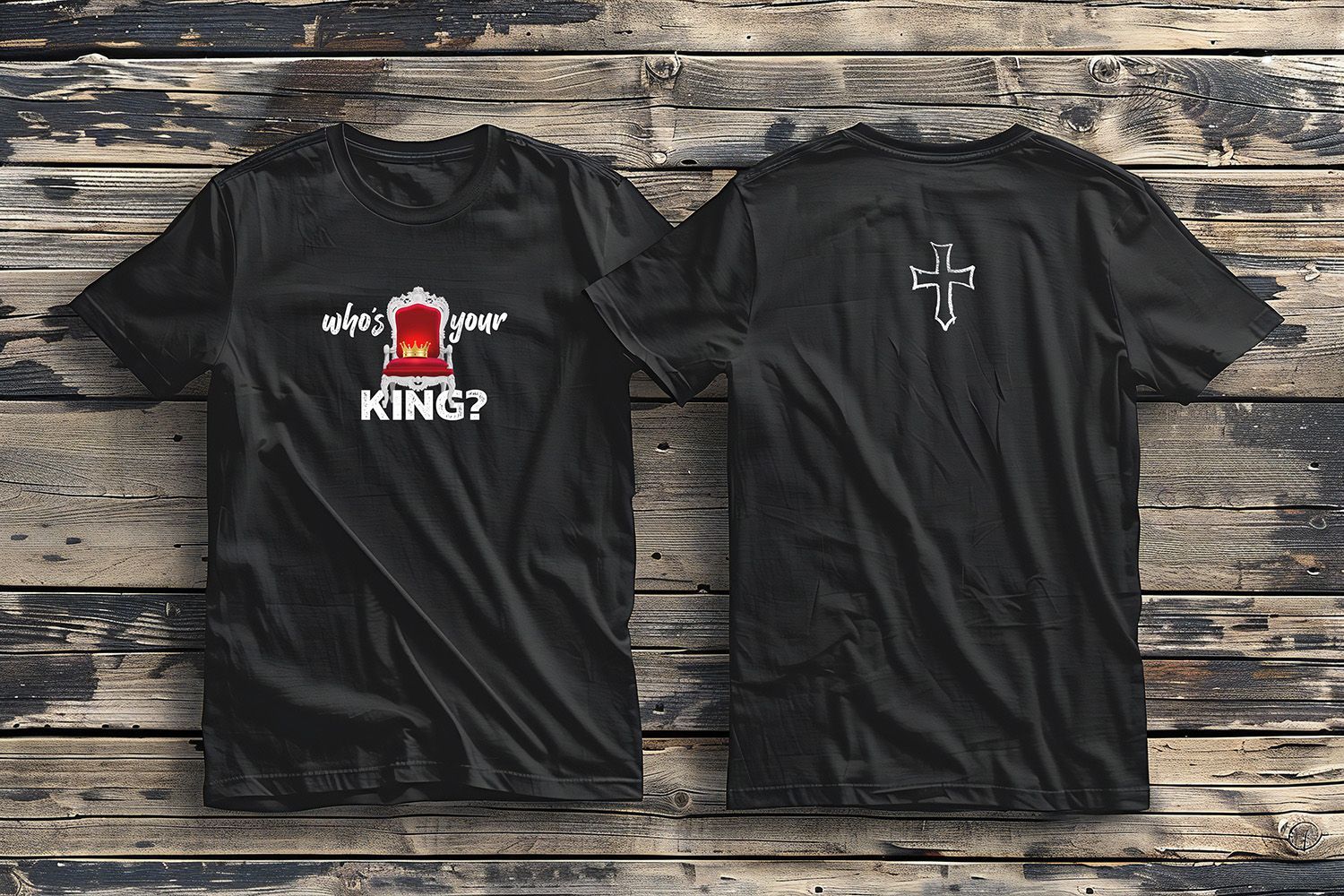 Front and back view of a black t-shirt. The front says 