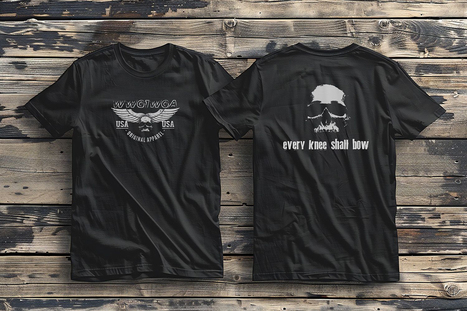Two black t-shirts displayed side-by-side on wood, featuring winged emblems and a skull with 