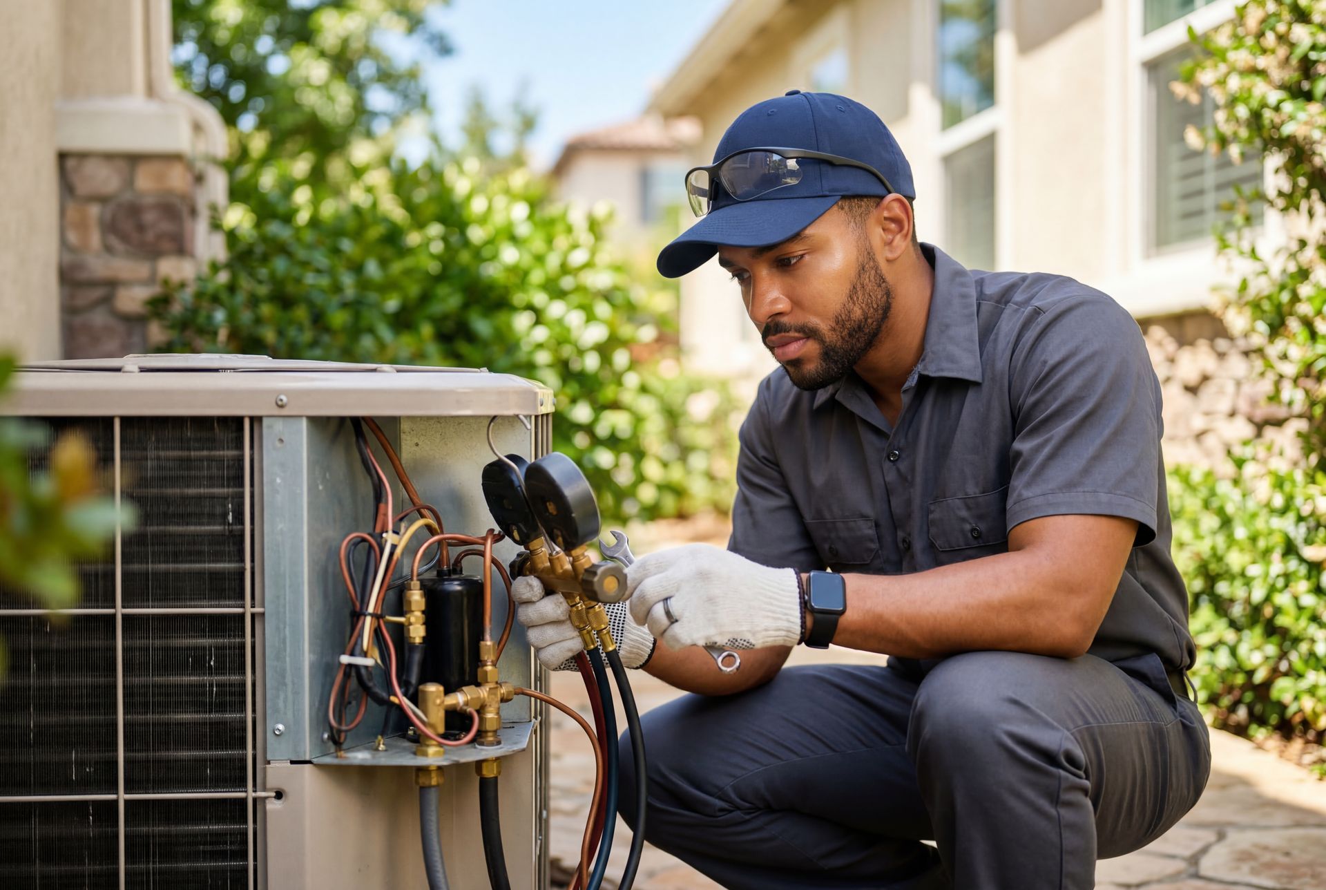 HVAC technician checking refrigerant levels on an outdoor AC unit during an air conditioning repair