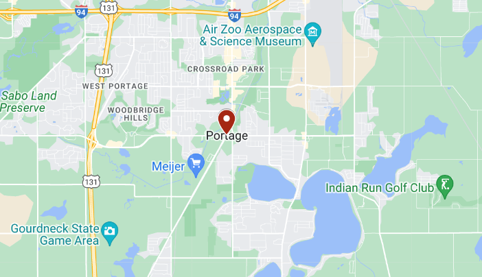 A map of Portage with a red pin pointing to the location of Dan Wood Quality Home Services