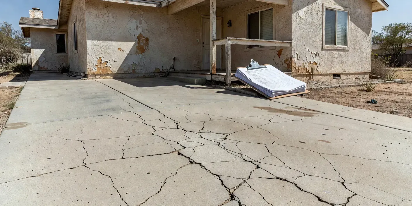 Daylight exterior of a single-story Riverside stucco home with faded paint, a cracked driveway, and a clipboard resting on the porch rail
