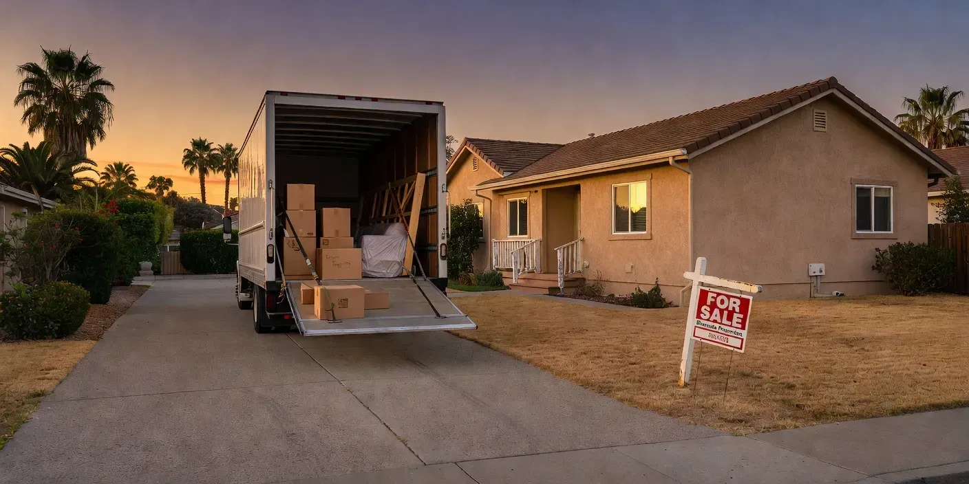 Riverside CA driveway at dusk with a For Sale sign beside a stucco house and a moving truck partially loaded