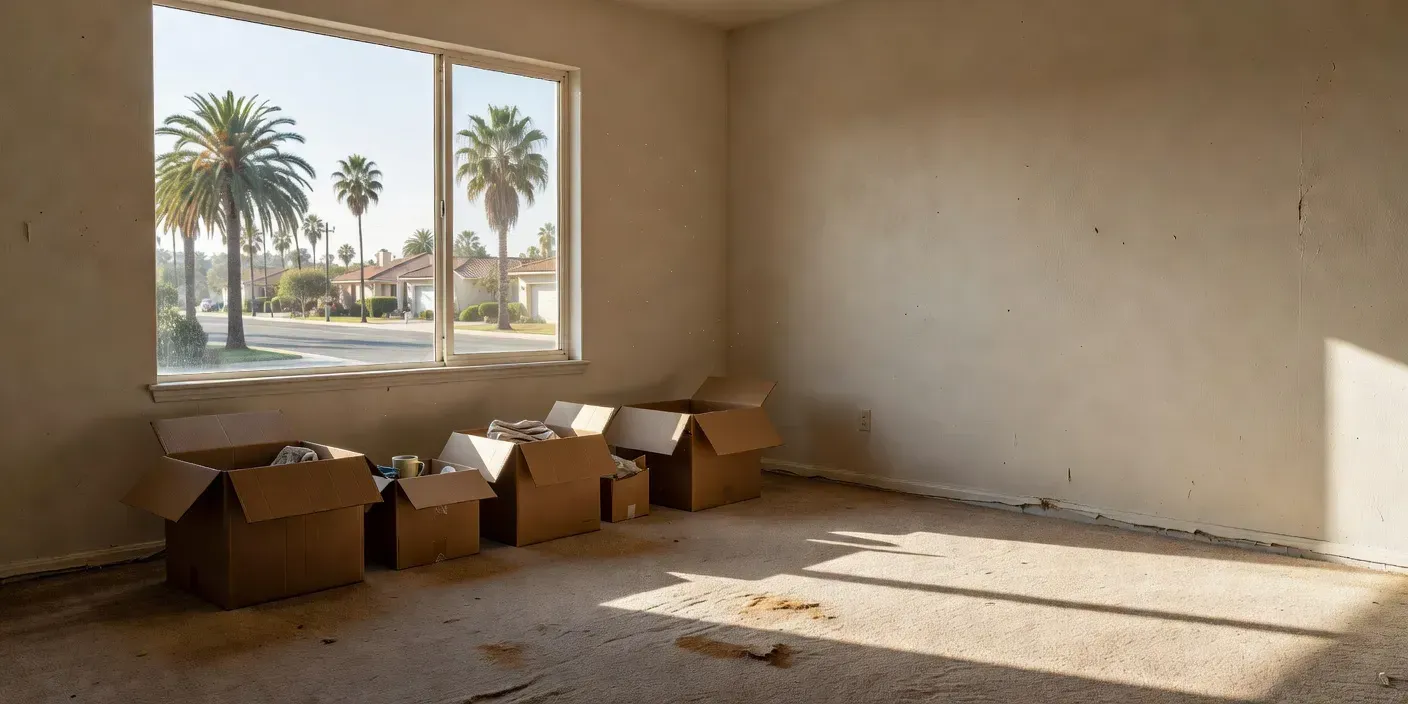 Riverside CA living room with worn carpet and open cardboard boxes near a sunny window