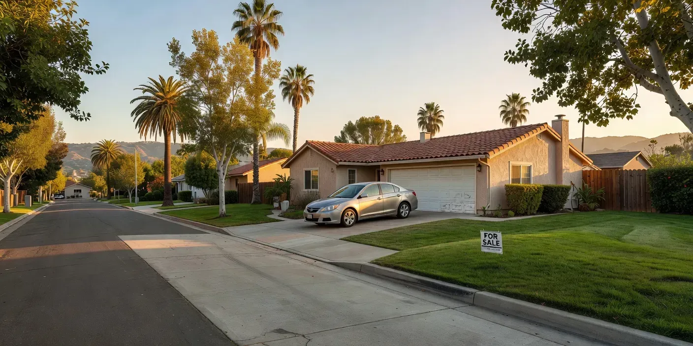 Riverside CA residential street at late afternoon with a quiet single-family home driveway and a neighboring yard with a small for-sale sign